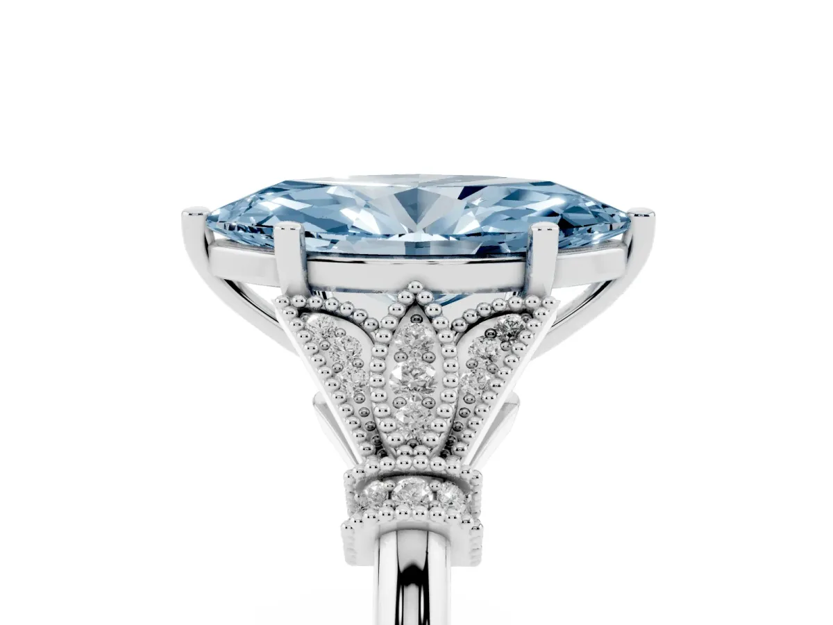 Fancy Blue Marquise Cut Diamond Solitaire Ring with Floral Filigree and Pave Accents Silver