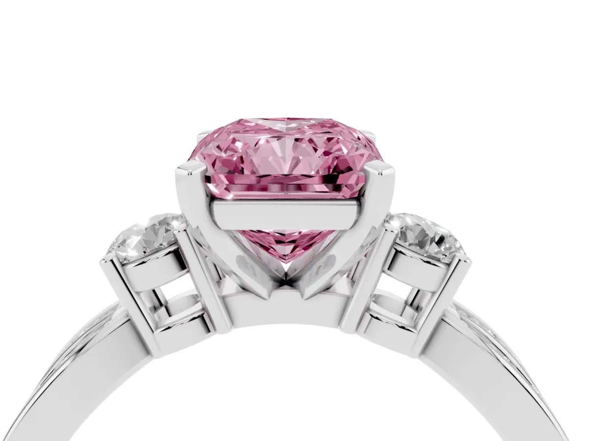 Fancy Pink Three-Stone Radiant Cut Cut Diamond Twist Band with Prong Setting Silver