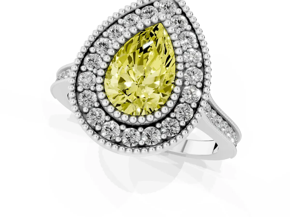 Fancy Yellow Pear Cut Diamond Halo Ring with Milgrain Frame and Pavé Band White gold