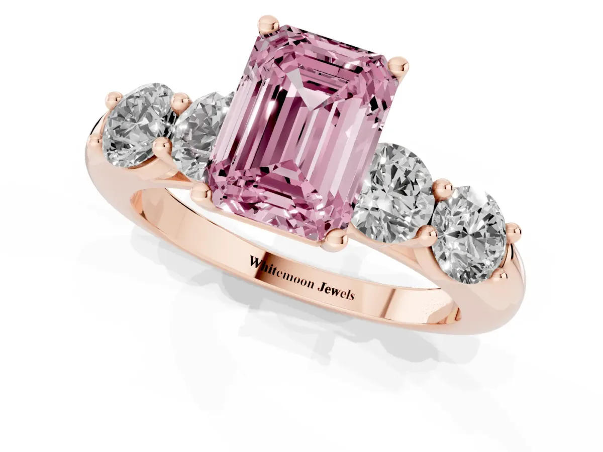 Fancy Pink Emerald Cut Cut Five-Stone Prong Set Diamond Ring with Classic Band Rose gold