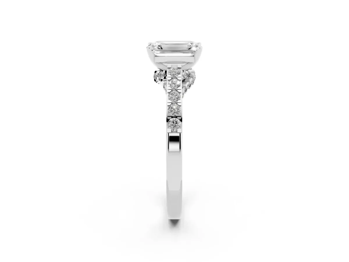Emerald Cut Diamond Solitaire Ring with Crossover Gallery and Round Pavé Band White gold