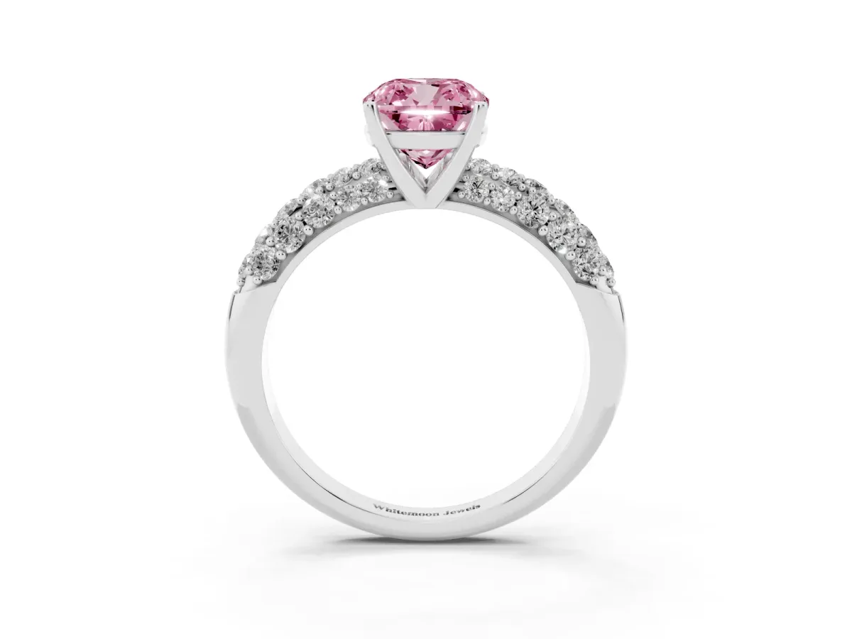 Fancy Pink Cushion Cut Diamond Pavé Band Solitaire Ring with Four-Prong Setting Silver