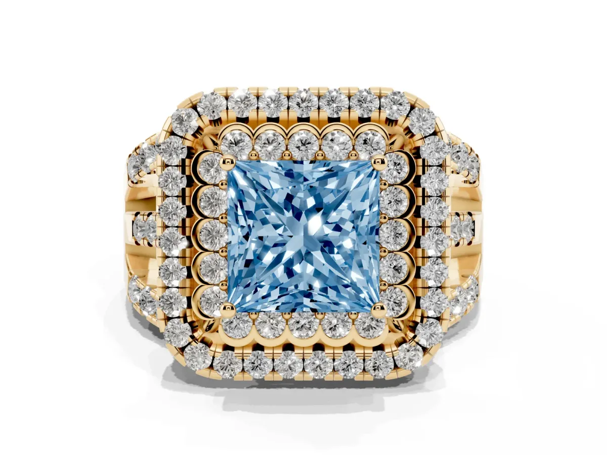 Fancy Blue Princess Cut Diamond Double Halo Ring with Round Pavé Split Shank and Prong Setting Yellow gold