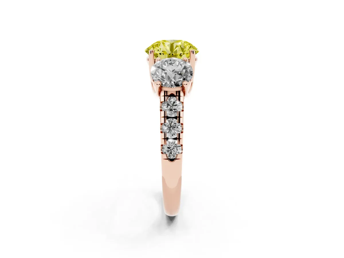Fancy Yellow Three-Stone Round Cut Diamond Pavé Band with Prong Setting Rose gold