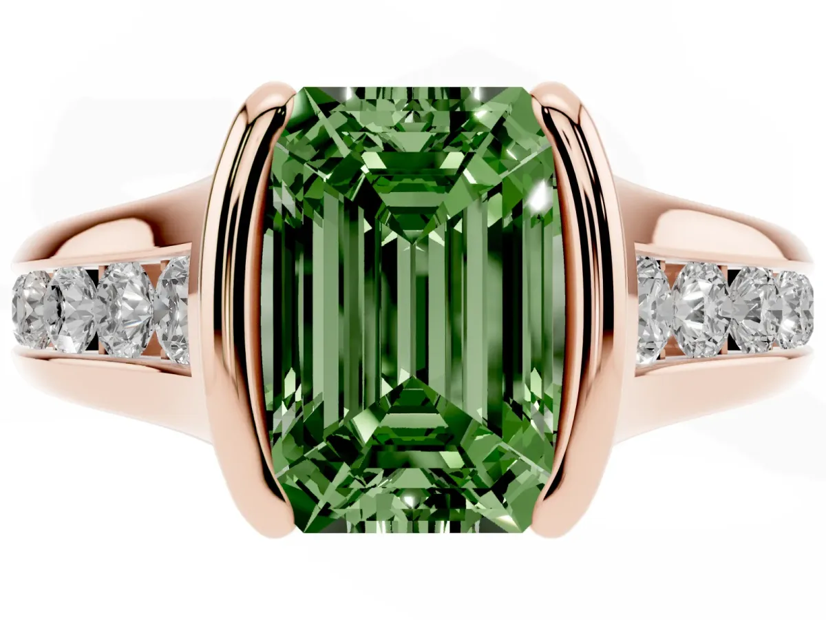 Fancy Green Emerald Cut Solitaire Bezel-Set Diamond Ring with Channel-Set Band Rose gold