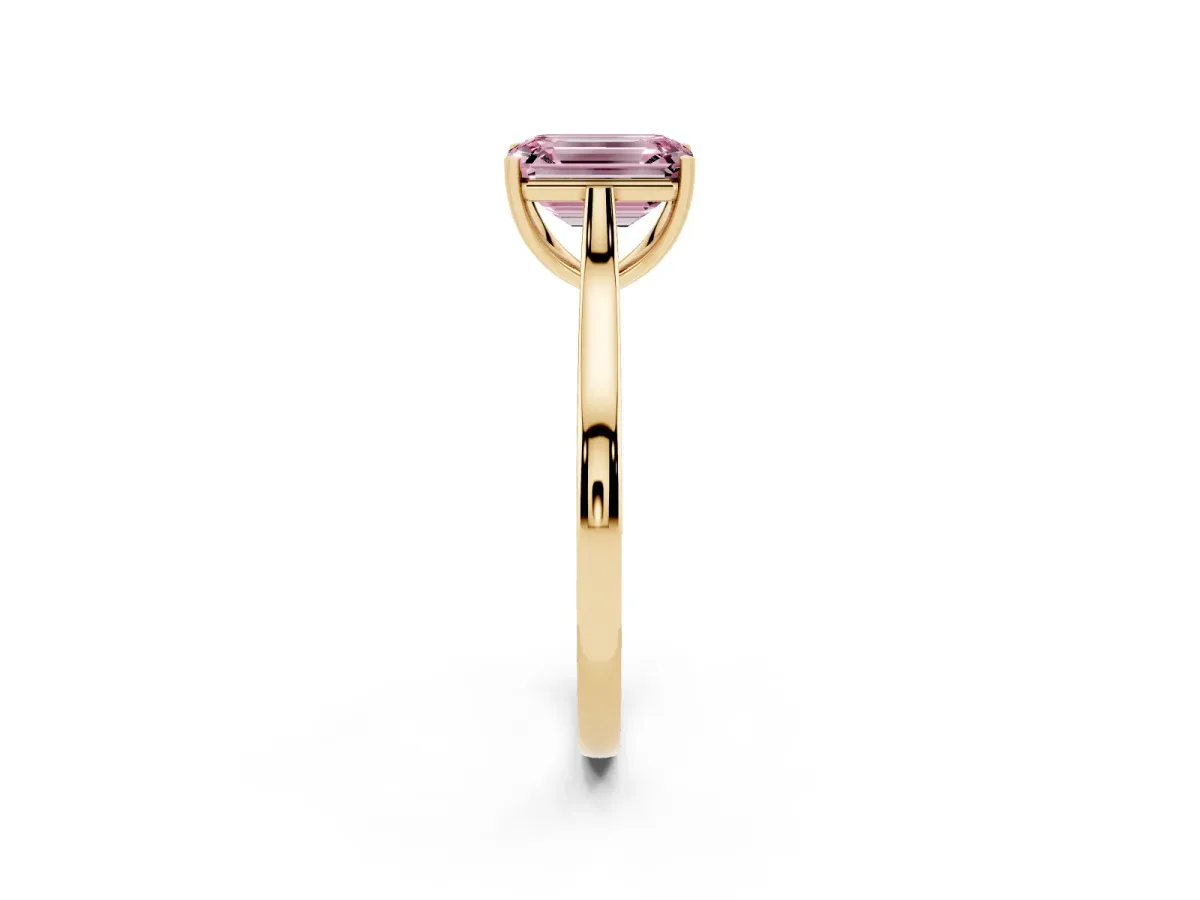 Fancy Pink Emerald Cut Solitaire Heart Prong Engagement Ring with Tapered Band Yellow gold