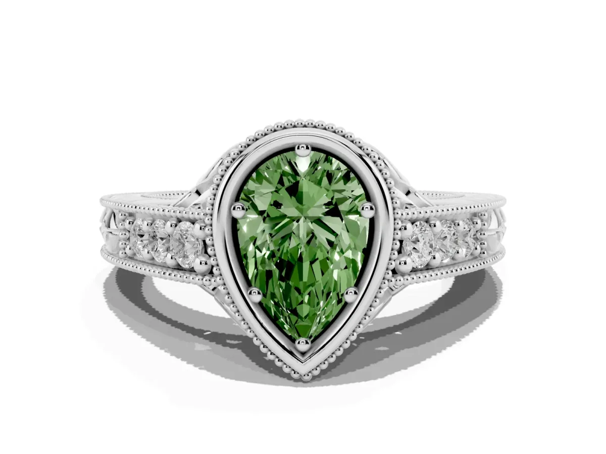 Fancy Green Bezel Set Pear Cut Diamond Milgrain Pave Engagement Ring Platinum