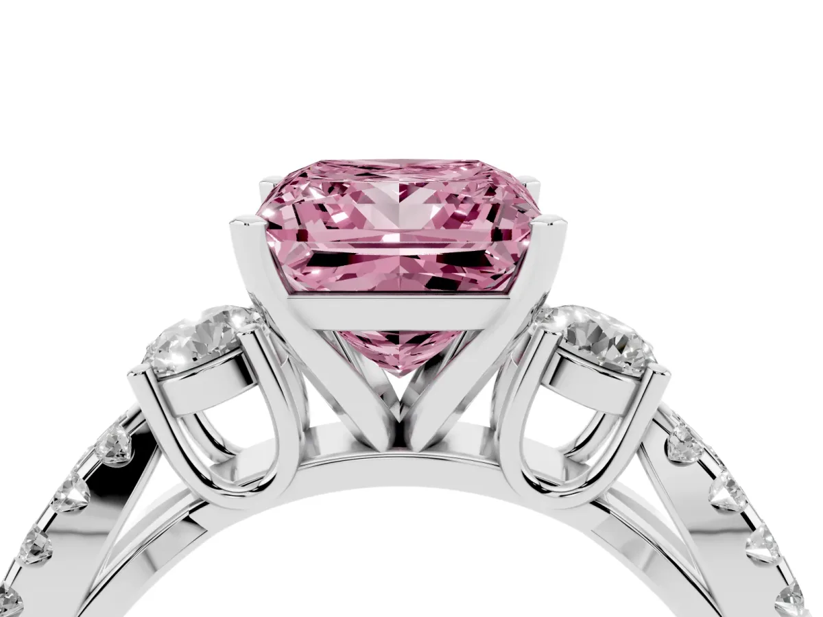 Fancy Pink Princess Cut Diamond Three-Stone Ring with Pavé Split Shank and Four-Prong Setting Silver