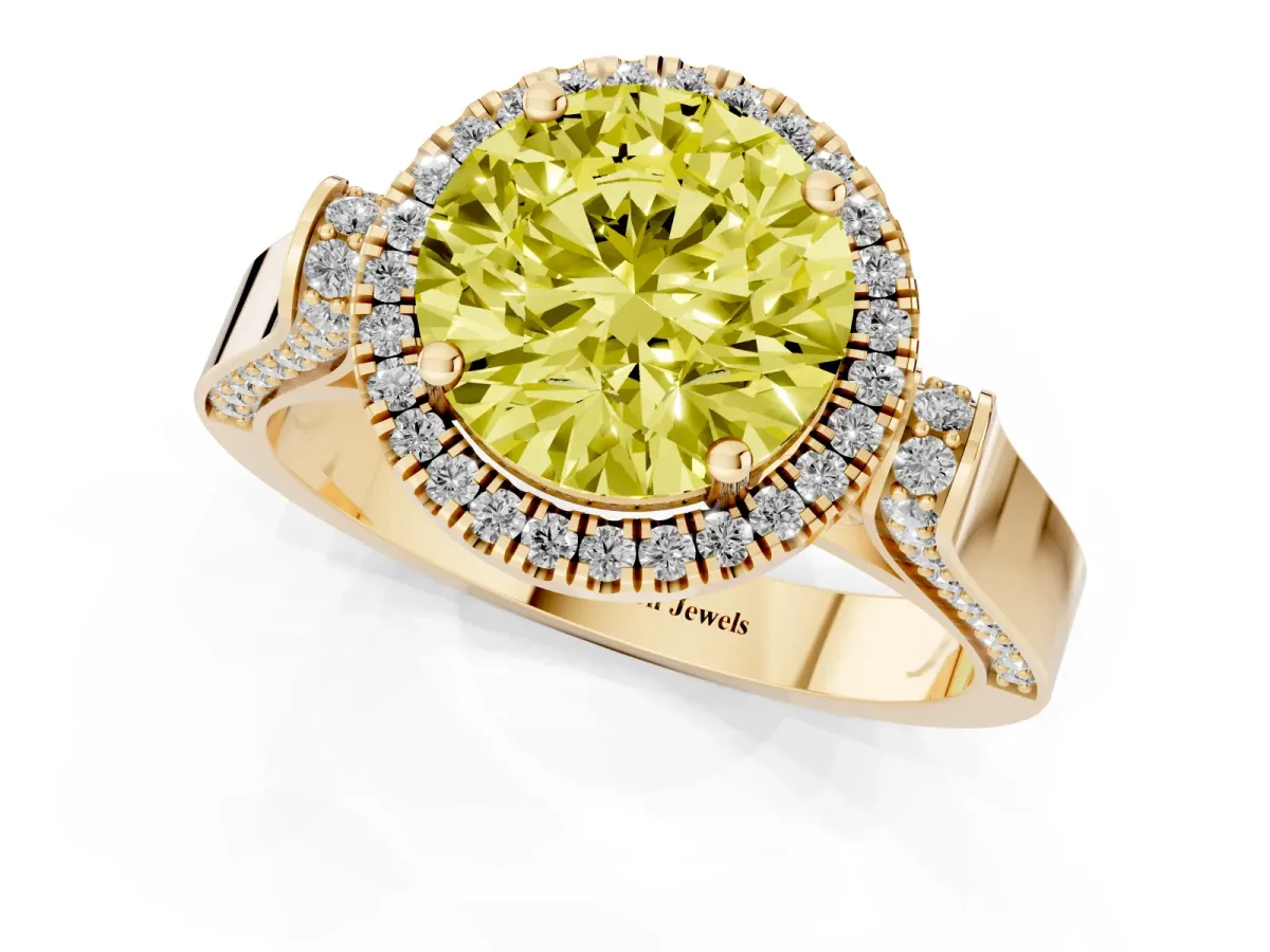 Fancy Yellow Round Cut Halo Round Diamond Twist Band with Four-Prong Setting Yellow gold
