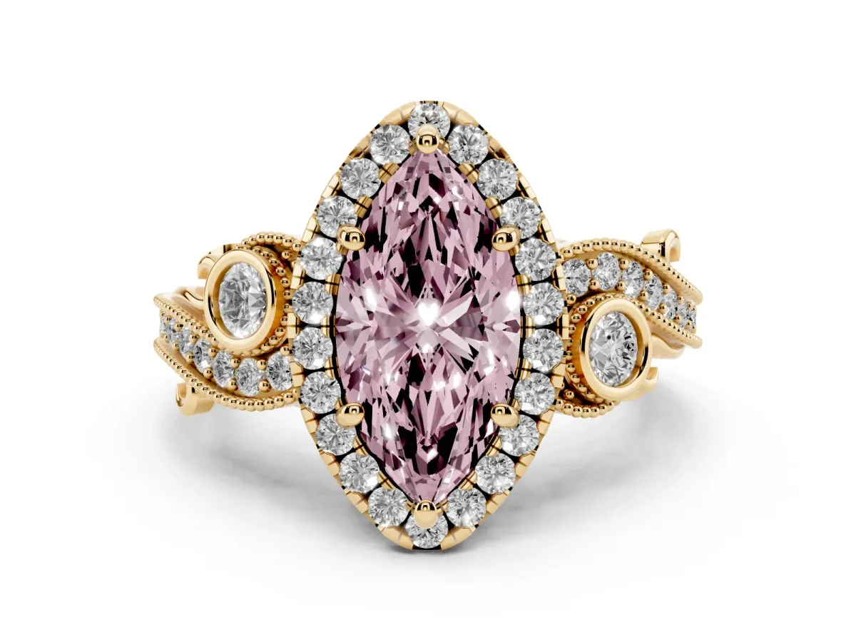 Fancy Pink Marquise Cut Halo Diamond Ring with Milgrain and Bezel Accents on a Split Shank Band Yellow gold