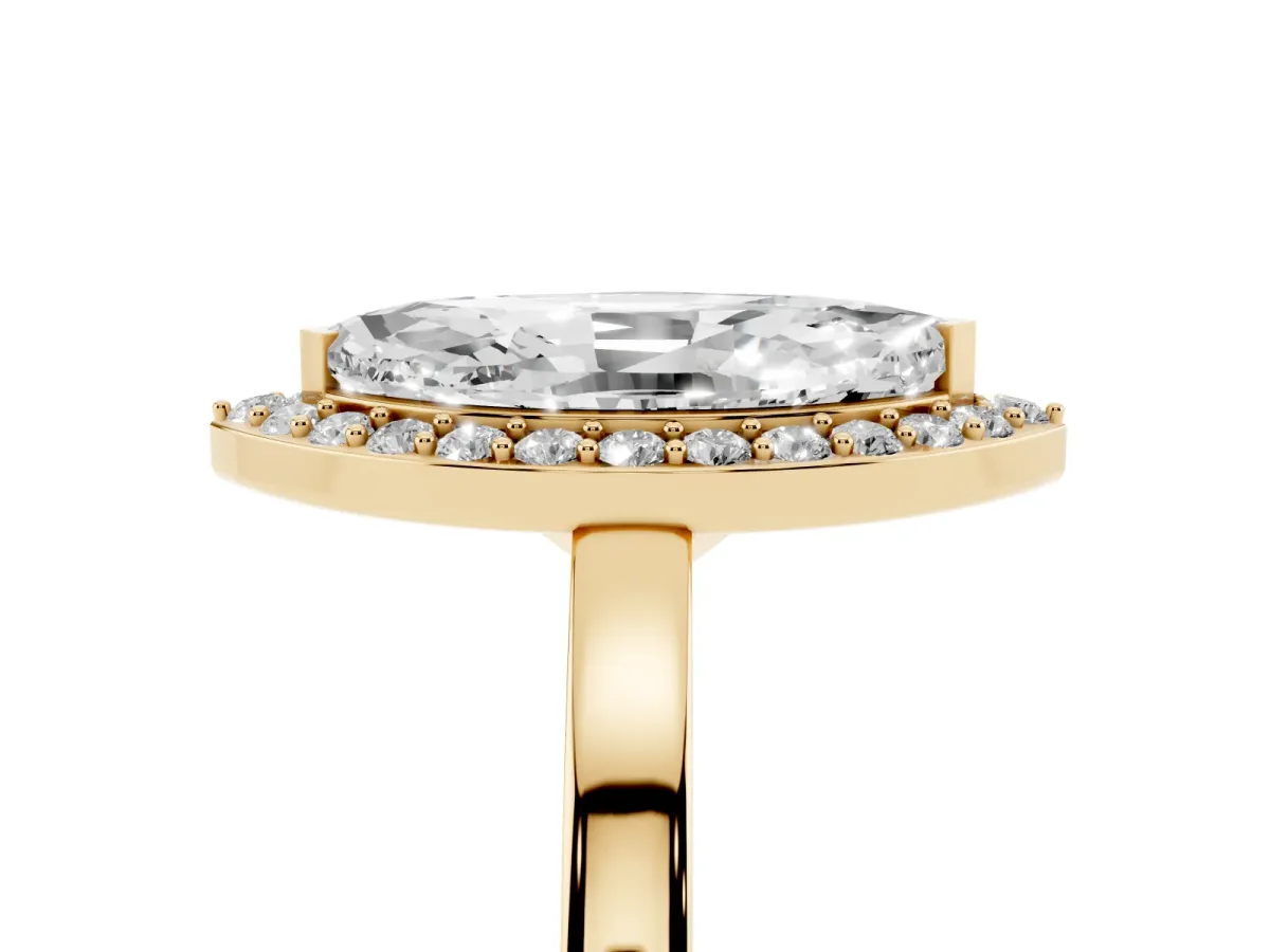 Marquise Cut Halo Diamond Ring with Solitaire Band and Prong Setting Yellow gold
