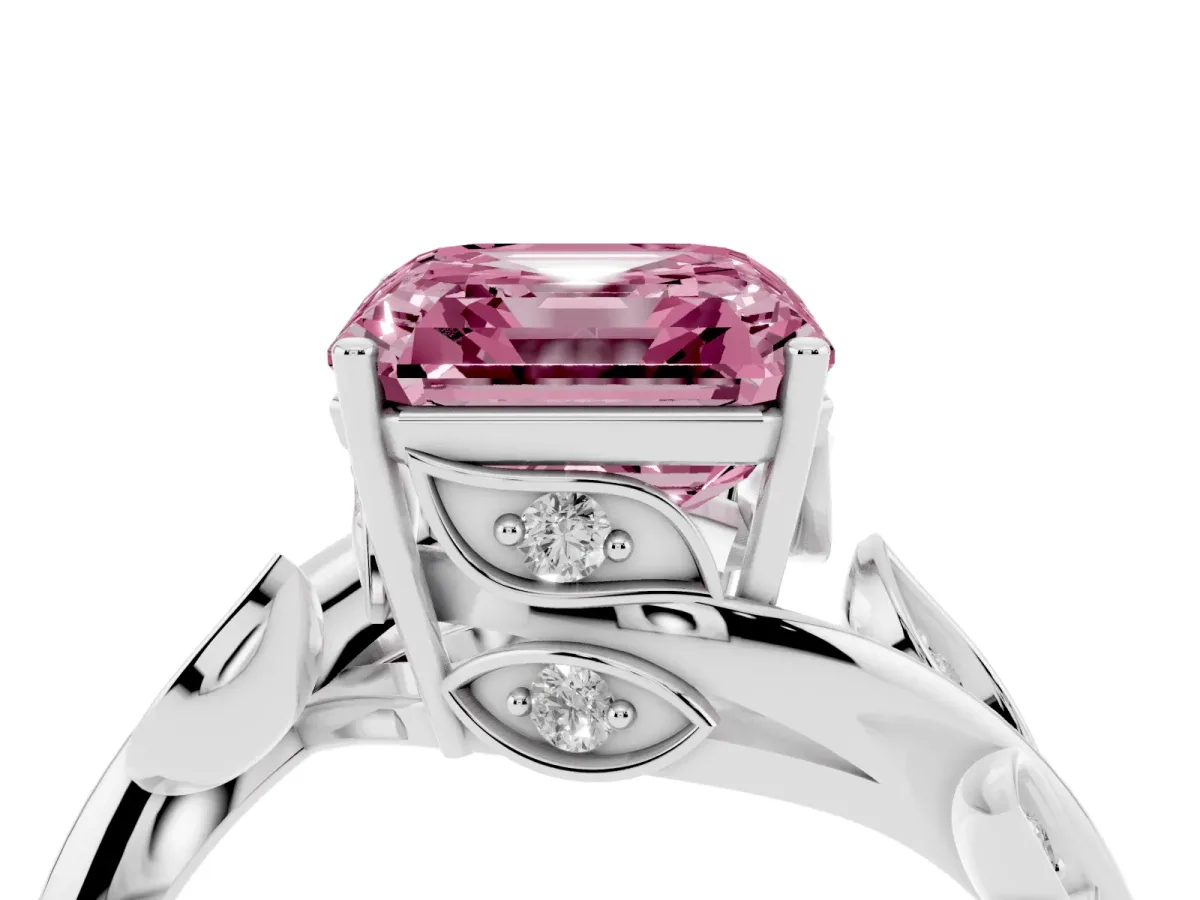 Fancy Pink Asscher Cut Solitaire Twist Engagement Ring with Leaf Accents and Prong Setting Silver