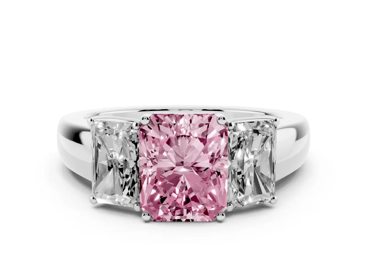Fancy Pink Three-Stone Radiant Cut Cut Diamond Ring with Prong Setting and Classic Band Silver