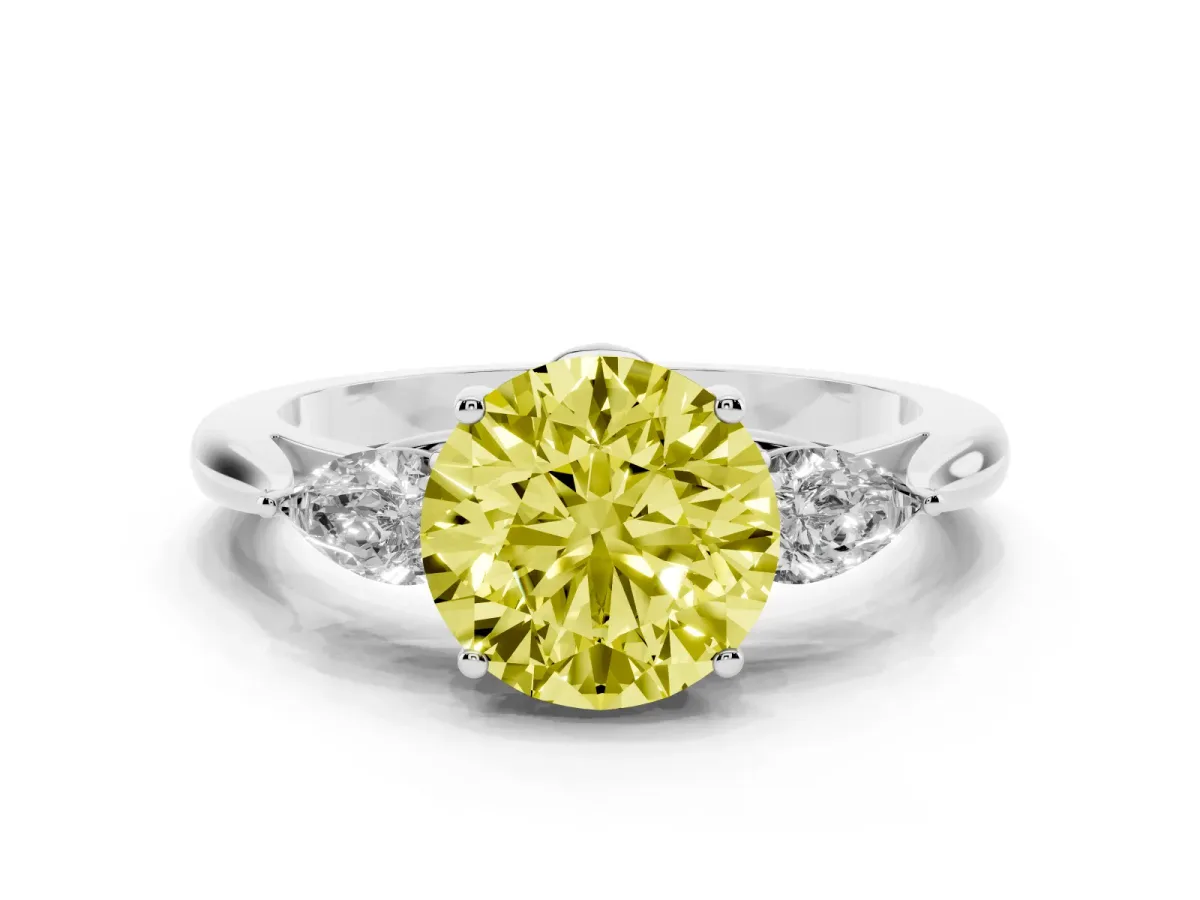 Fancy Yellow Three-Stone Round Cut Diamond Ring with Pear Side Stones in Four-Prong Setting Platinum