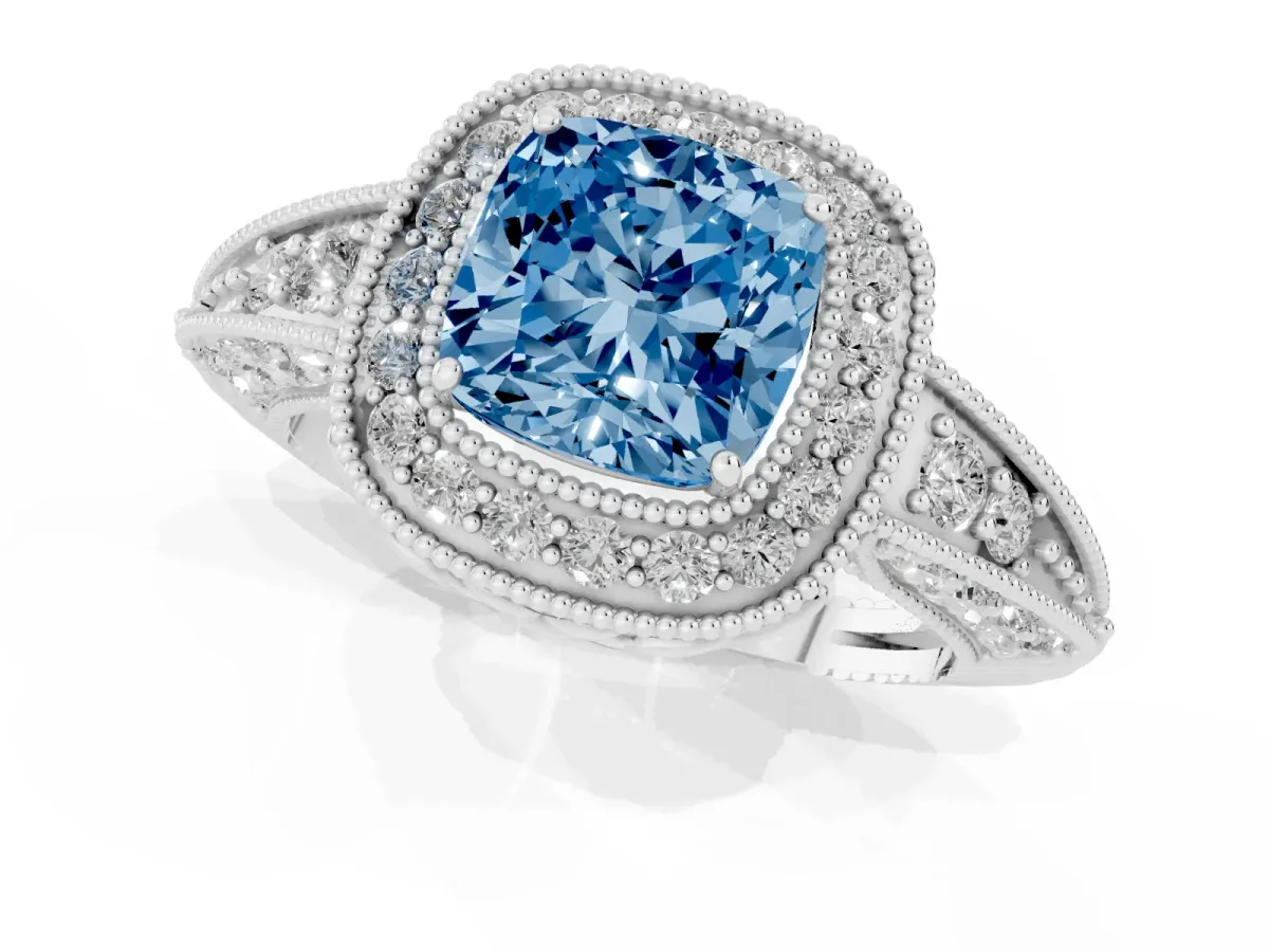 Fancy Blue Cushion Cut Halo Diamond Split Shank Ring with Milgrain Detail Silver