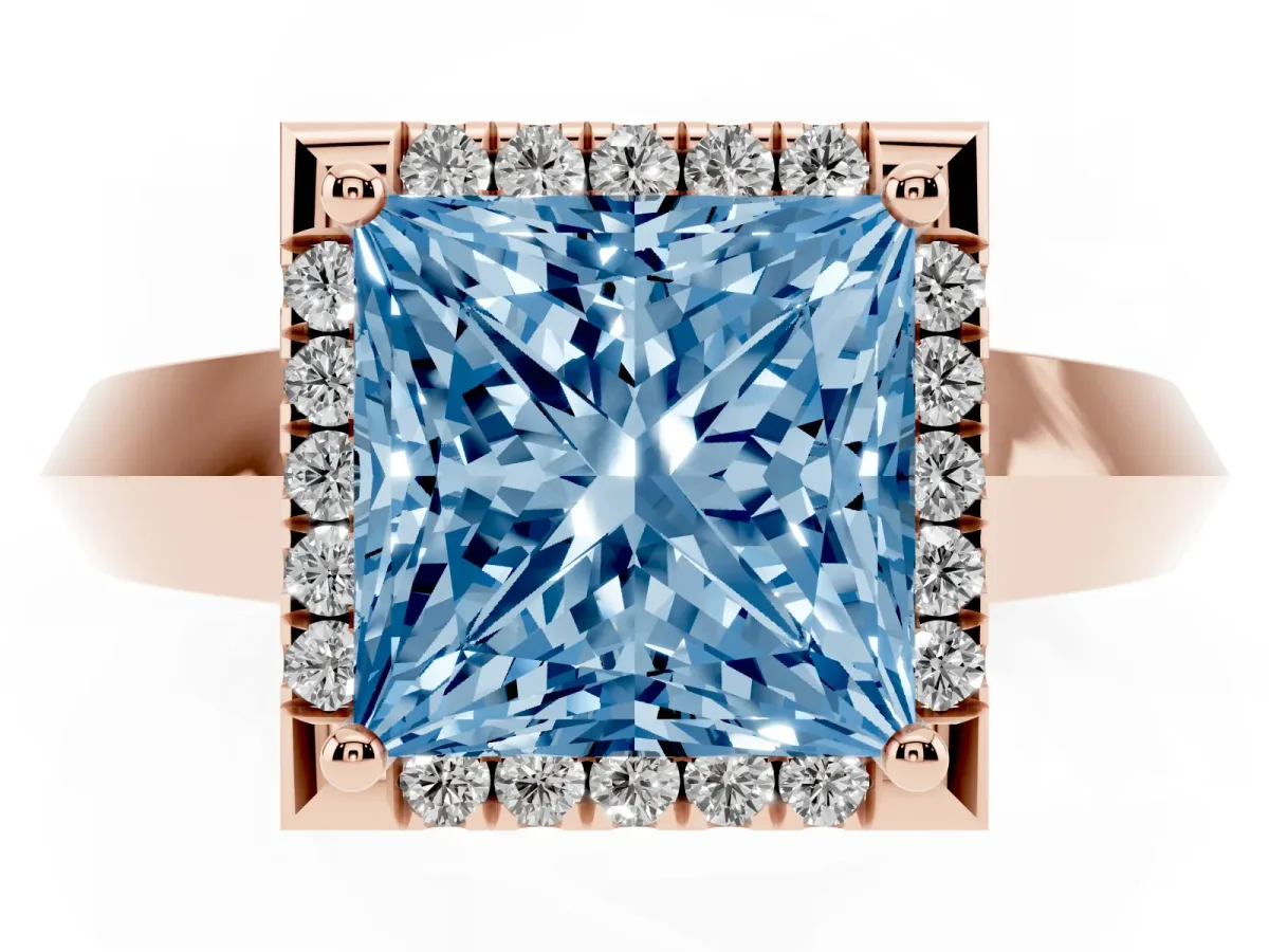 Fancy Blue Princess Cut Halo Diamond Ring with Cathedral Band and Four-Prong Setting Rose gold