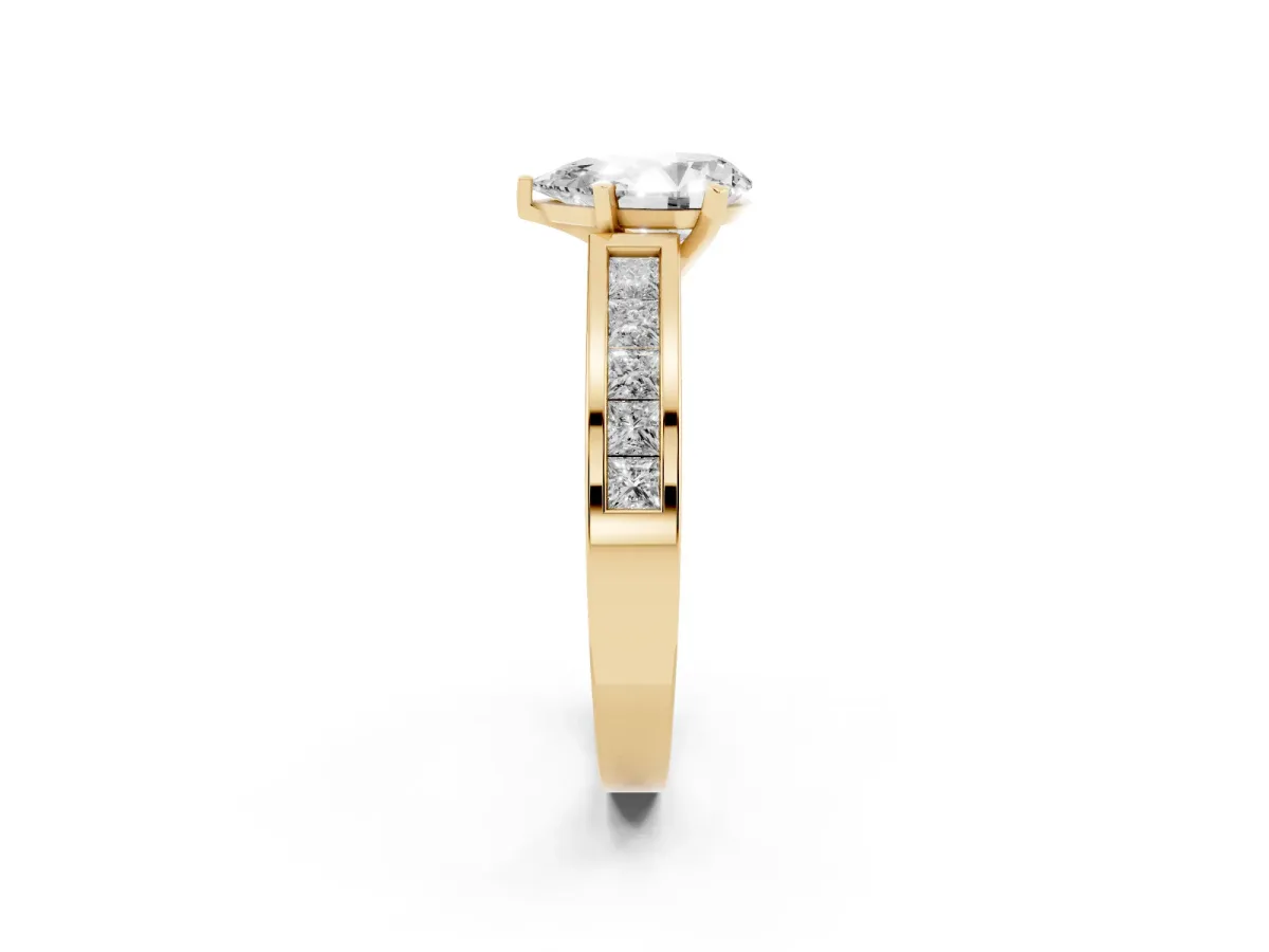Pear Cut Solitaire Diamond Ring with Channel-Set Band and Four-Prong Setting Yellow gold