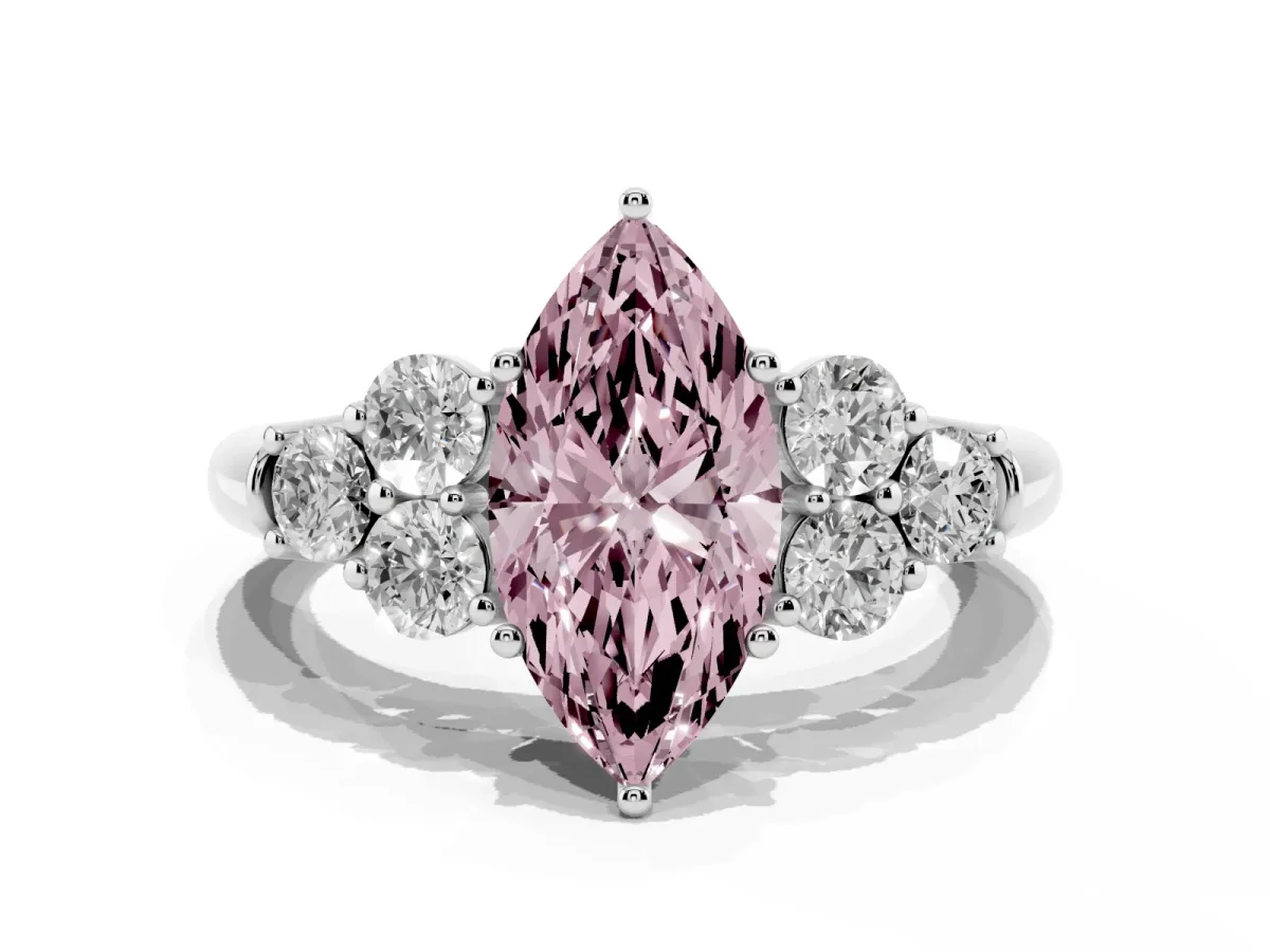 Fancy Pink Marquise Cut Cut Diamond Cluster Ring with Round Accent Stones and Prong Setting on a Classic Band Platinum