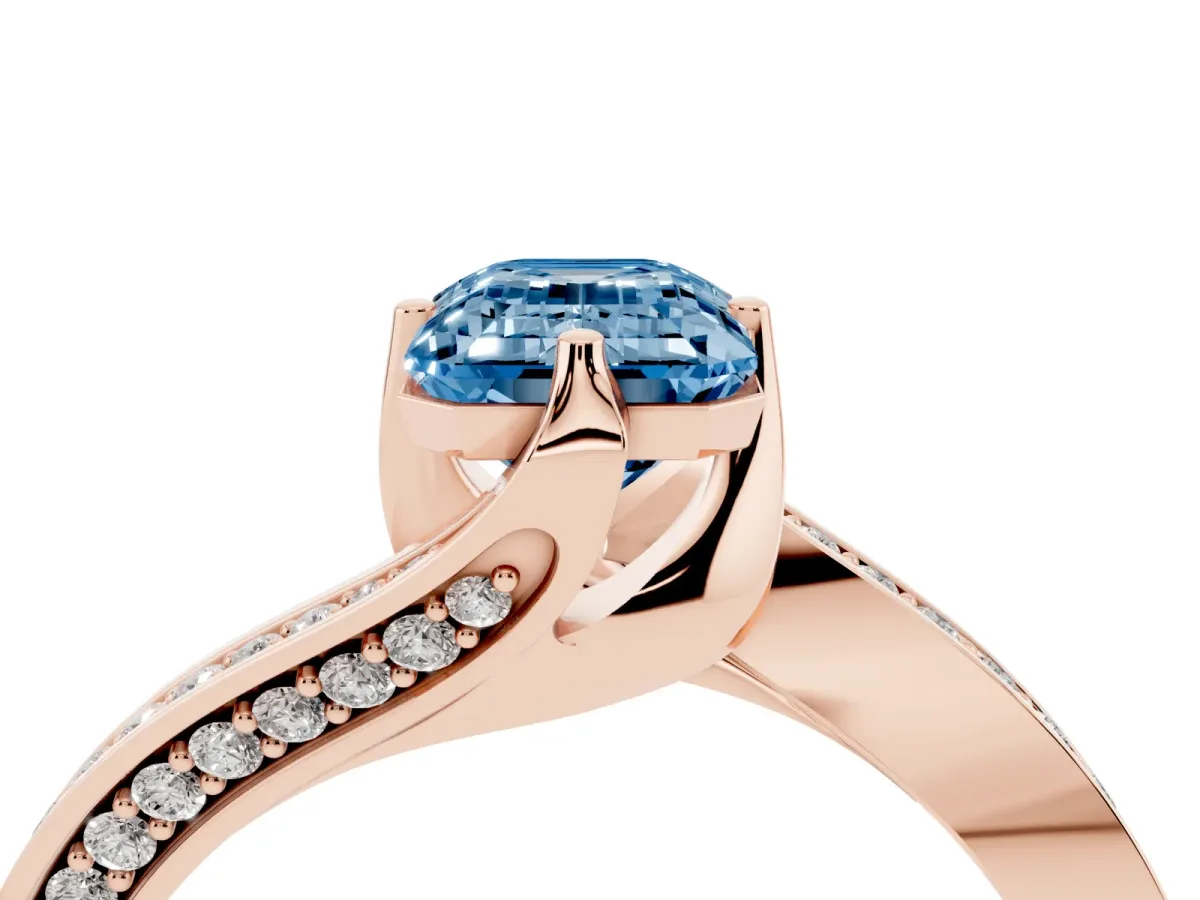 Fancy Blue Emerald Cut Solitaire Diamond Twist Band with Pavé Setting and Four-Prong Setting Rose gold