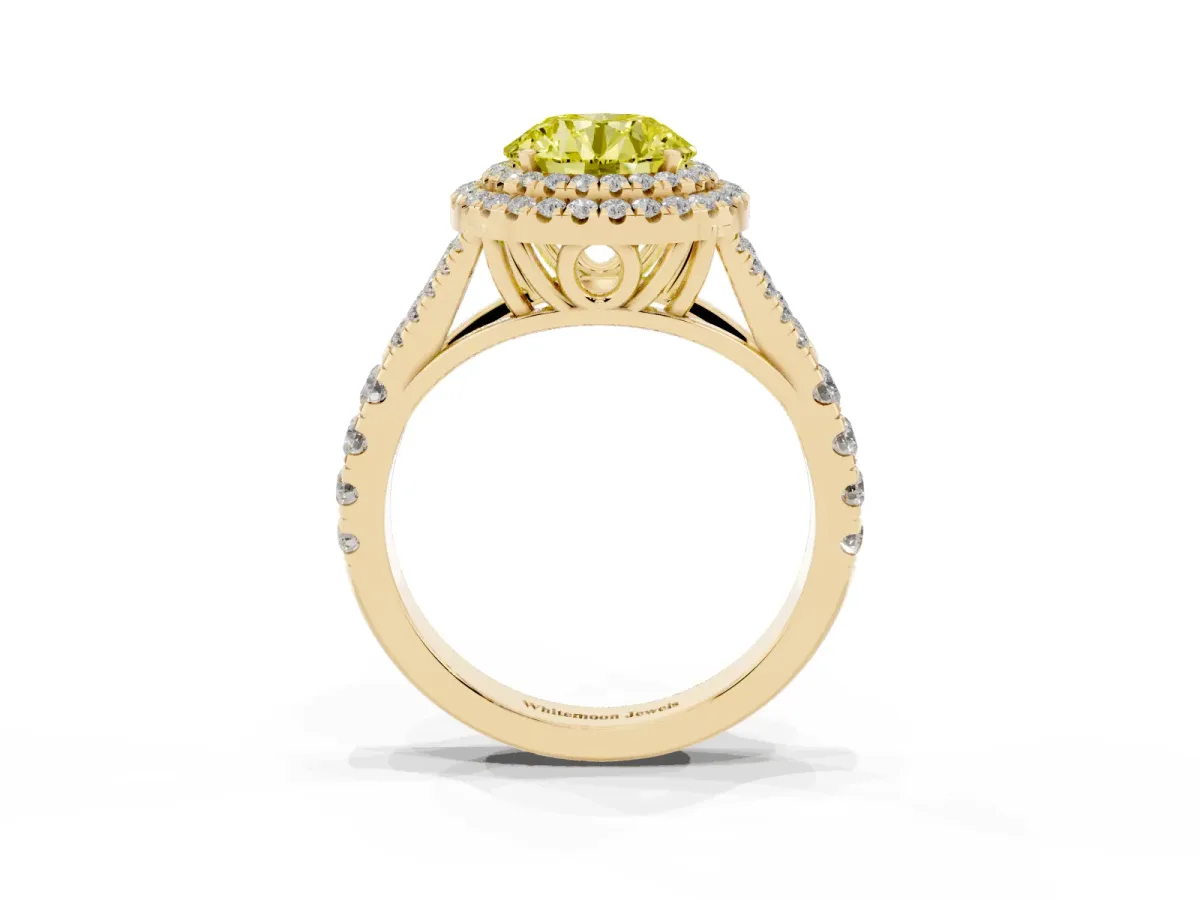 Fancy Yellow Round Cut Diamond Double Halo Ring with Split Shank and Prong Setting Yellow gold
