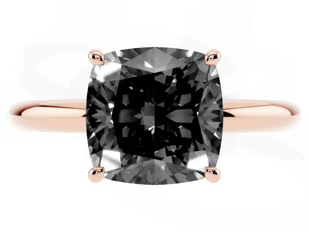 Fancy Black Cushion Cut Diamond Solitaire Ring with Thin Band and Four-Prong Setting Rose gold