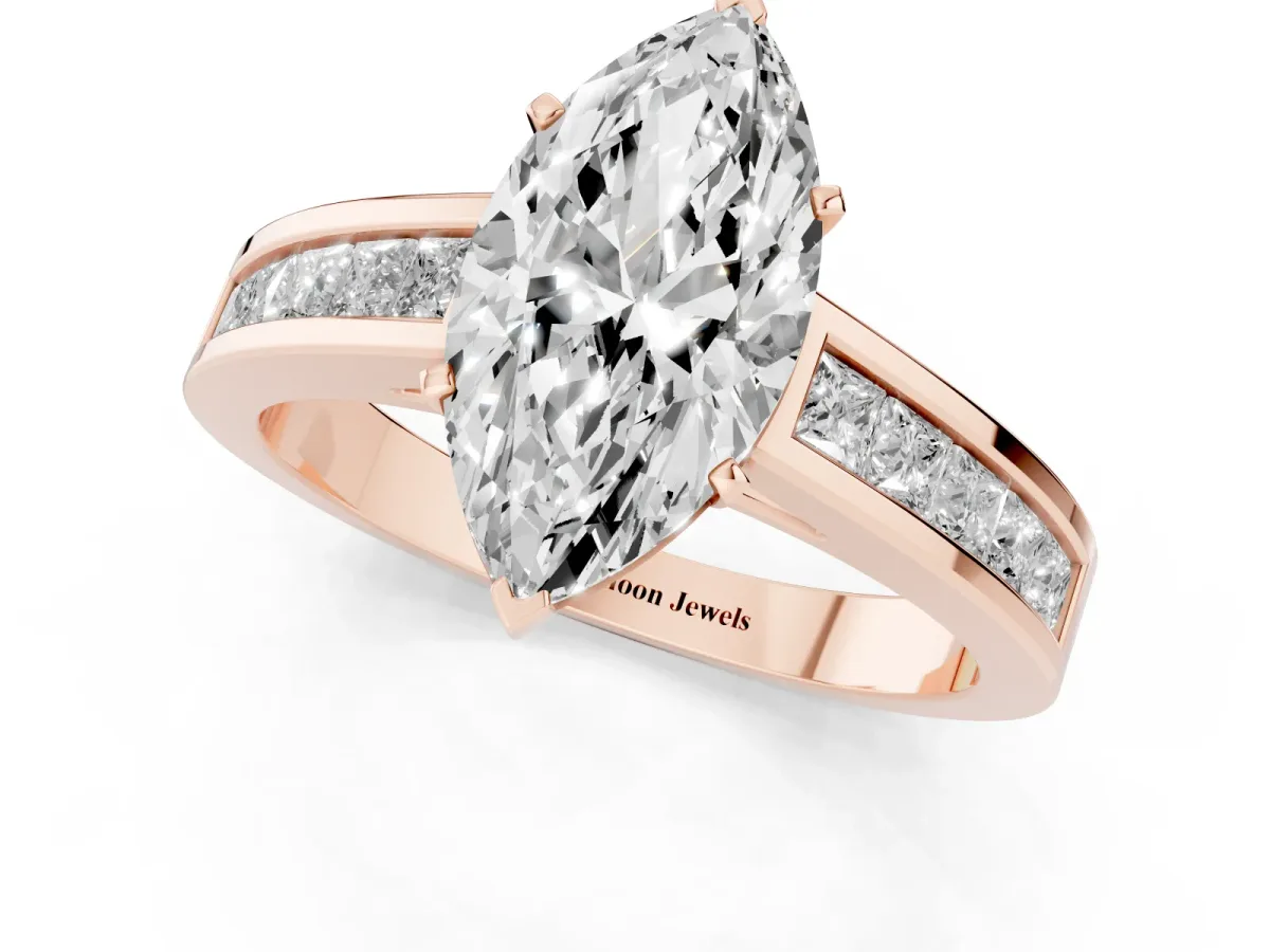 Marquise Cut Solitaire Diamond Ring with Channel-Set Band and Four-Prong Setting Rose gold