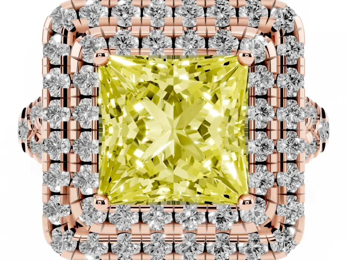 Fancy Yellow Double Halo Princess Cut Diamond Pavé Split Shank Ring with Prong Setting Rose gold