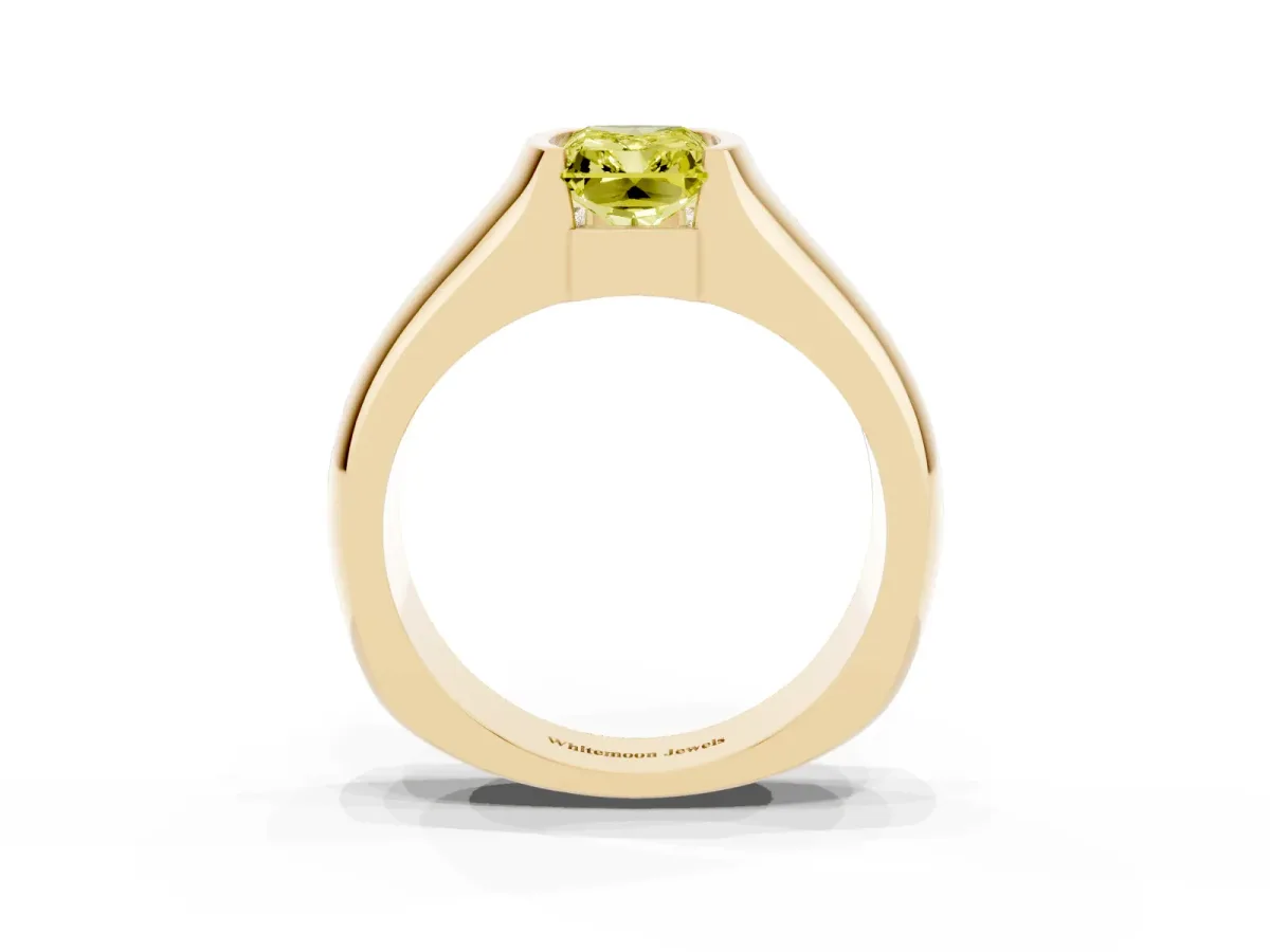 Fancy Yellow Radiant Cut Solitaire Bezel Set Diamond Ring with Wide Band Yellow gold