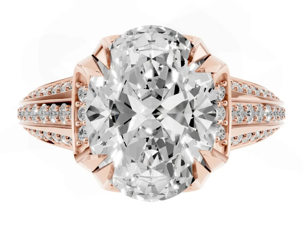 Oval Cut Solitaire Pave Split Shank Ring with Four-Prong Setting Rose gold