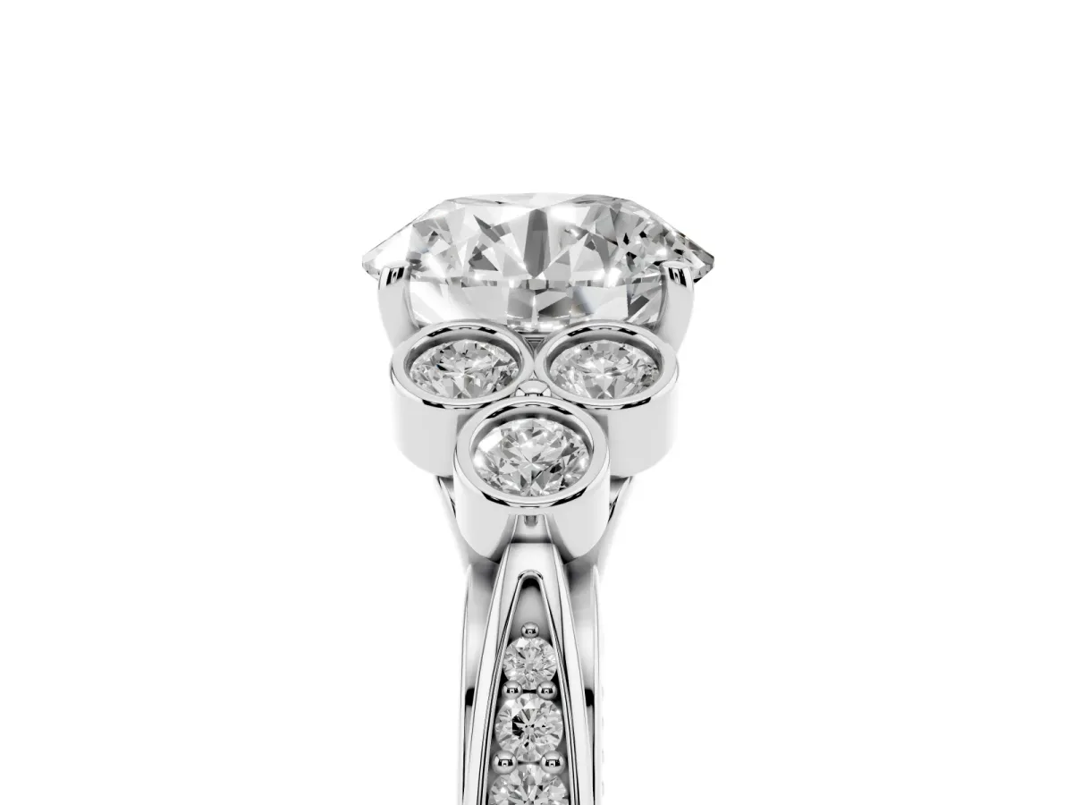 Round Cut Cut Diamond Engagement Ring with Bezel Set Round Side Stones and Prong Setting White gold