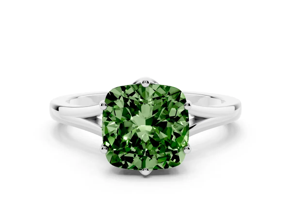 Fancy Green Cushion Cut Solitaire Diamond Ring with Six-Prong Setting and Tapered Band Silver