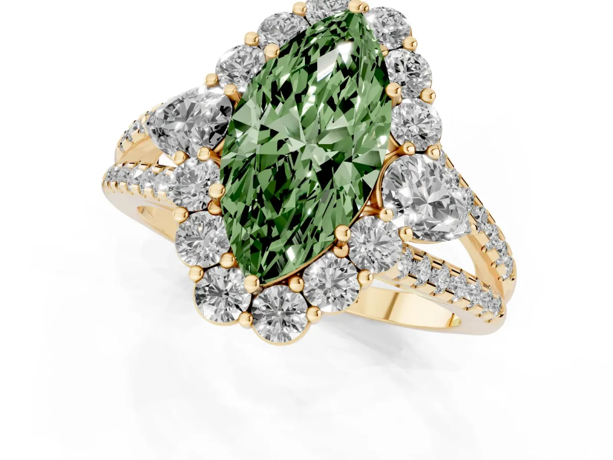 Fancy Green Marquise Cut Halo Split Shank Diamond Engagement Ring with Prong Setting Yellow gold