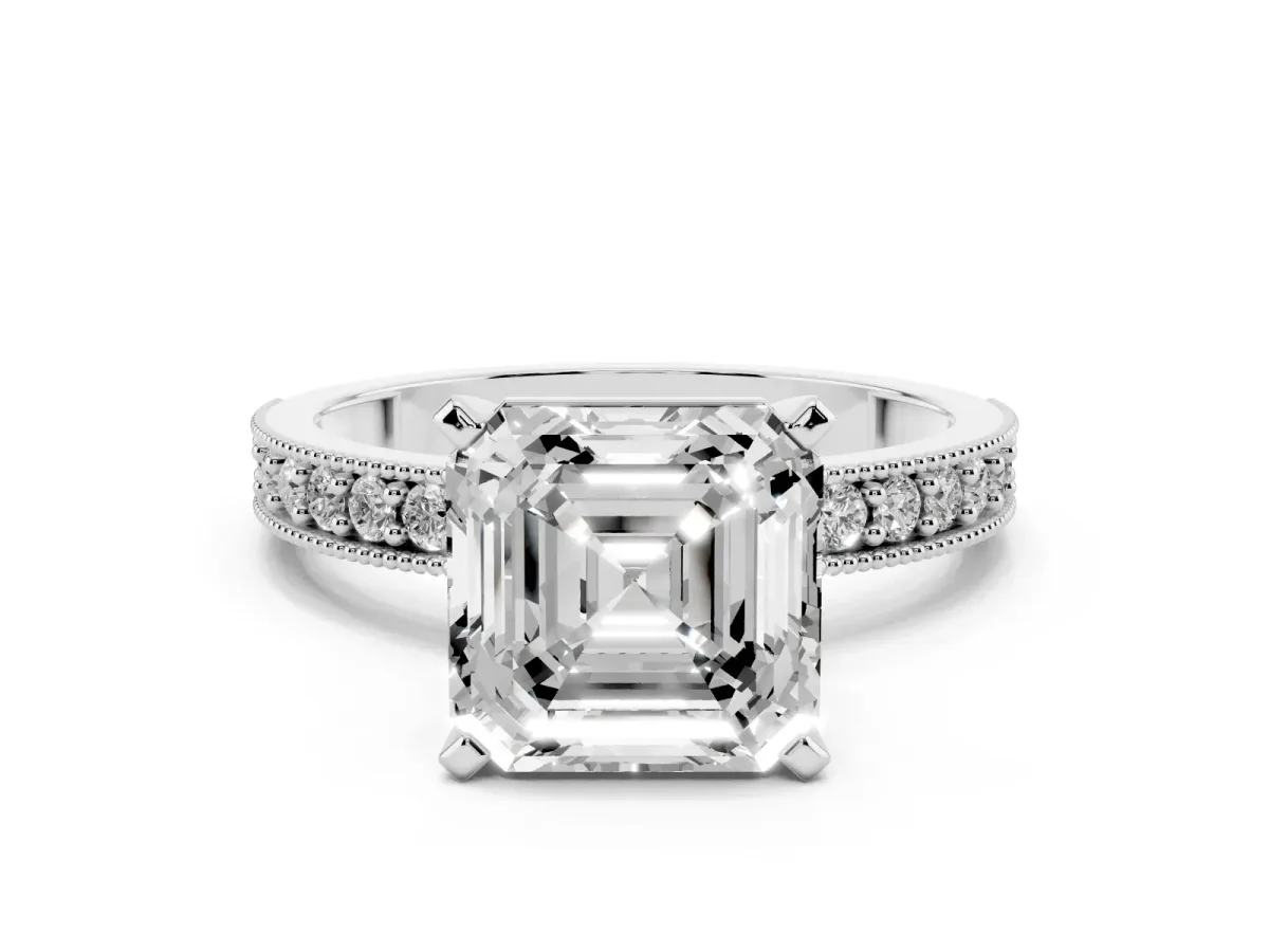 Asscher Cut Diamond Milgrain Pavé Engagement Ring with Four-Prong Setting Silver