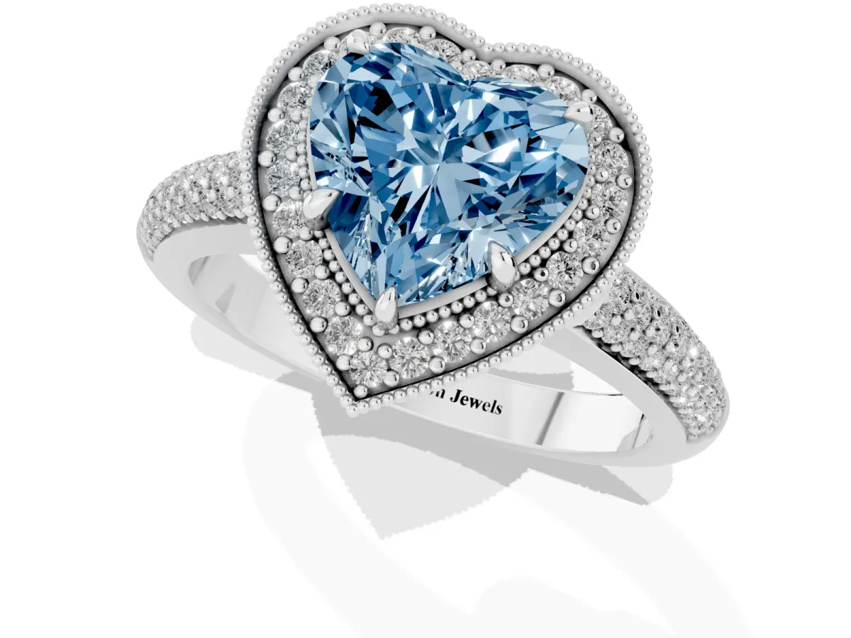 Fancy Blue Heart Cut Cut Halo Diamond Pave Band with Four-Prong Setting Platinum