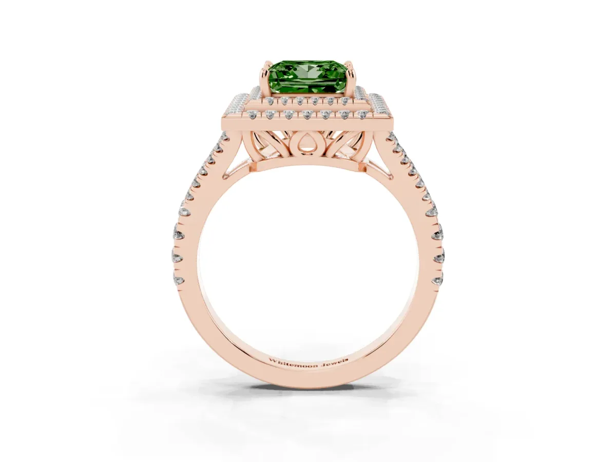 Fancy Green Princess Cut Diamond Double Halo Ring with Pavé Band and Prong Setting Rose gold