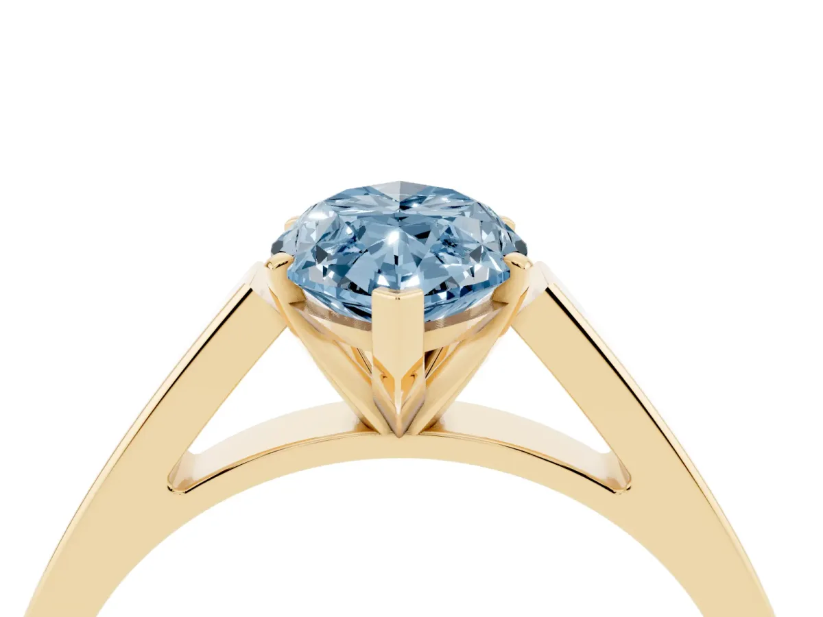 Fancy Blue Marquise Cut Solitaire Engagement Ring with Four-Prong Setting and Tapered Band Yellow gold