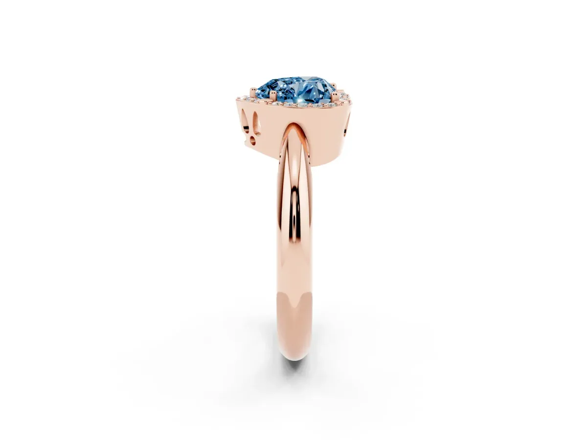 Fancy Blue Heart Cut Cut Diamond Halo Engagement Ring with Split Shank and Four-Prong Setting Rose gold