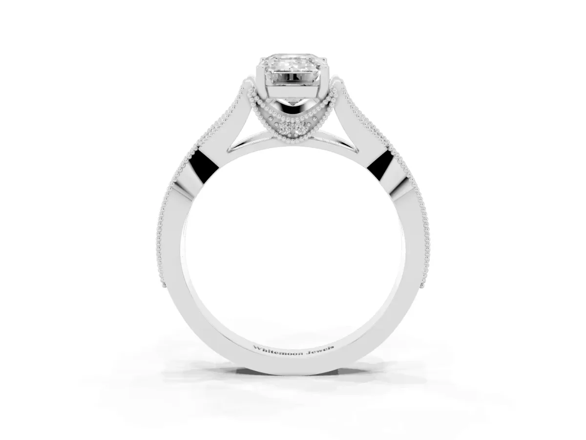 Emerald Cut Cut Diamond Twisted Band with Milgrain Pave Setting and Four-Prong Setting Silver