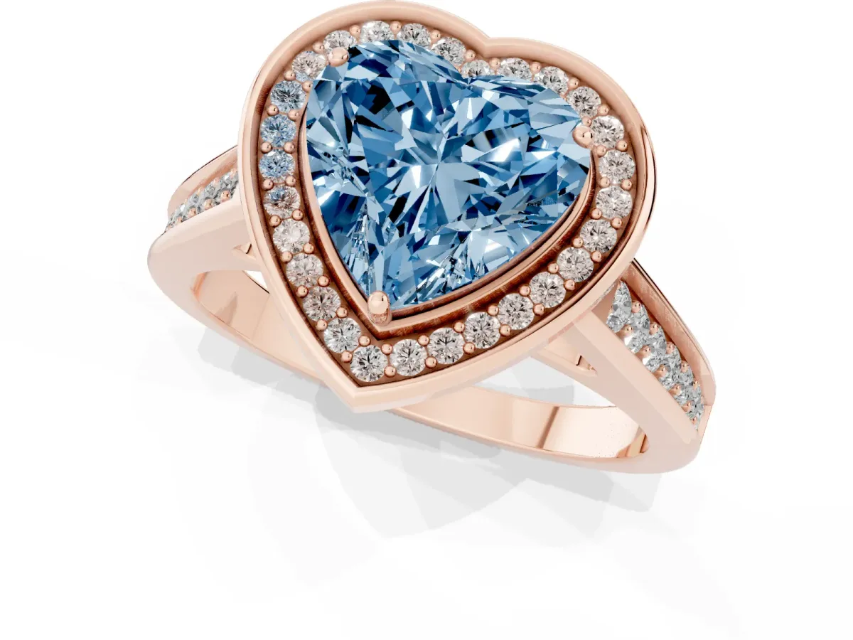 Fancy Blue Heart Cut Halo Solitaire Diamond Ring with Pave Band and Bezel Setting Rose gold