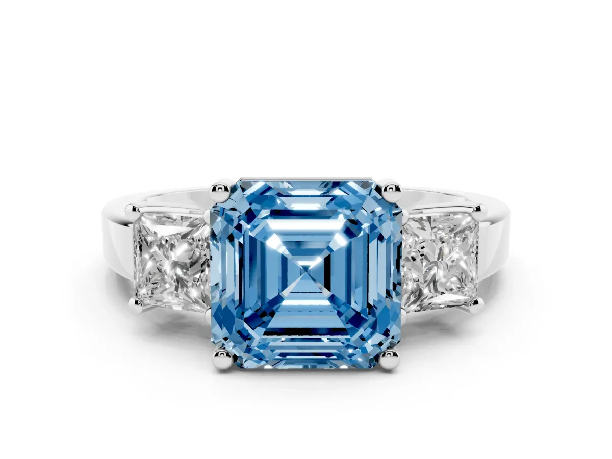 Fancy Blue Three-Stone Asscher Cut Cut Solitaire Ring with Prong Setting Platinum