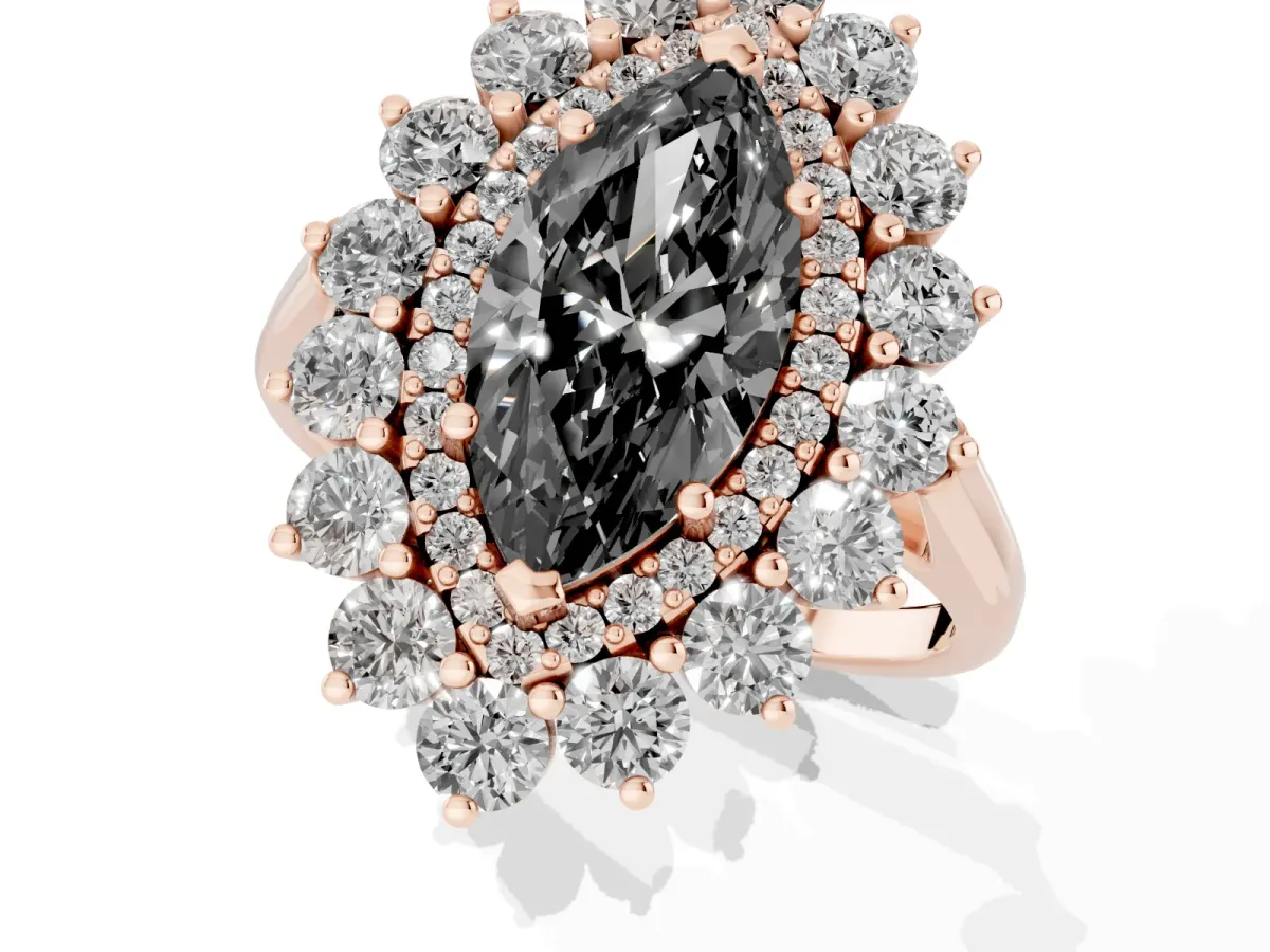 Fancy Black Marquise Cut Diamond Floral Double Halo Engagement Ring with Prong Setting Rose gold