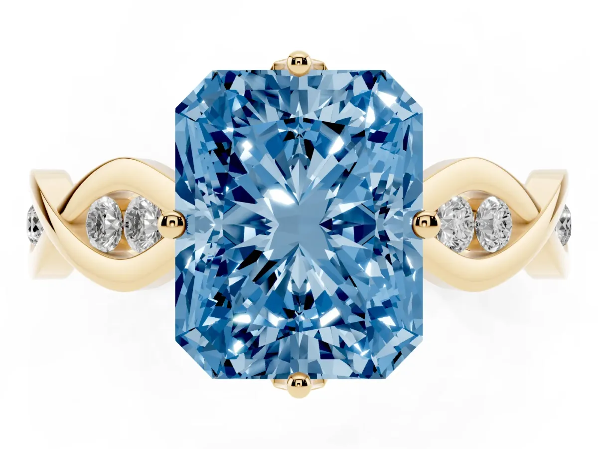 Fancy Blue Radiant Cut Solitaire Twist Band with Leaf Prong Setting Yellow gold