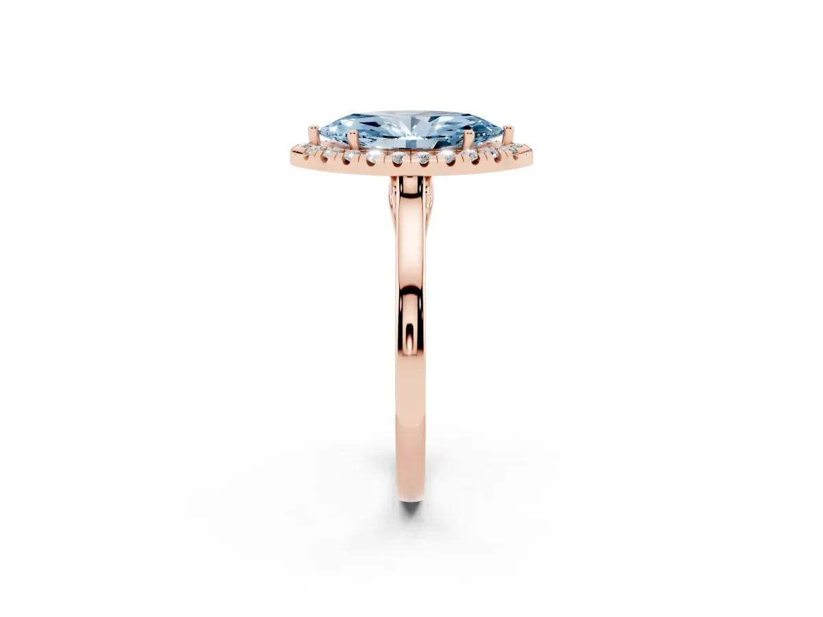 Fancy Blue Marquise Cut Halo Round Diamond Solitaire Ring with Pavé Band and Four-Prong Setting Rose gold