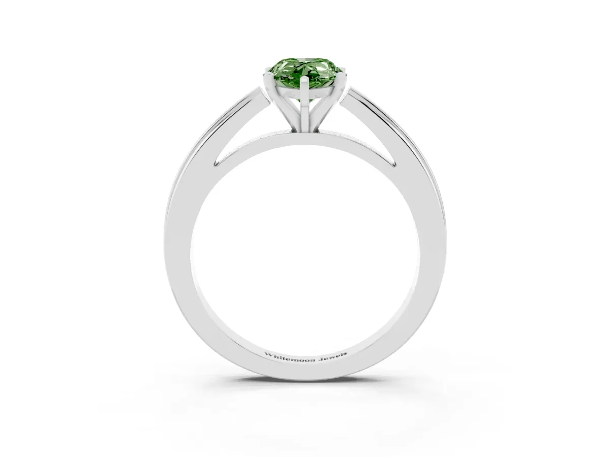 Fancy Green Pear Cut Solitaire Diamond Ring with Four-Prong Setting and Classic Band Silver