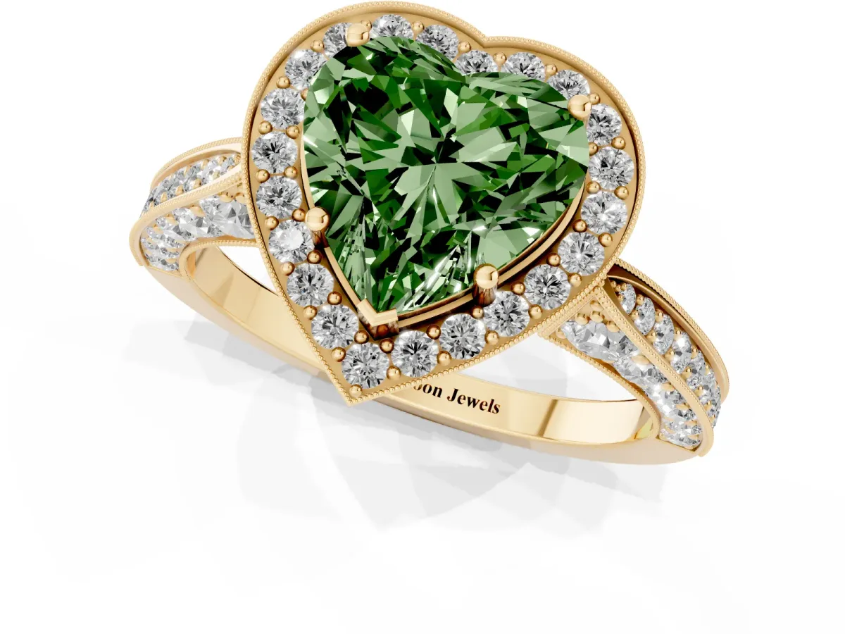 Fancy Green Heart Cut Halo Diamond Engagement Ring with Split Shank Band and Four-Prong Setting Yellow gold