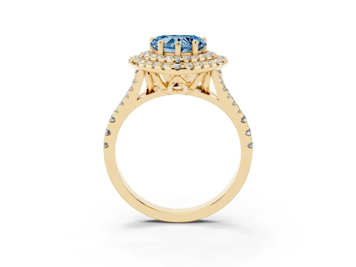Fancy Blue Double Halo Heart Cut Diamond Pavé Split Shank Ring with Prong Setting Yellow gold