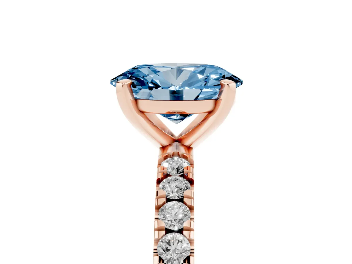 Fancy Blue Oval Cut Diamond Pavé Band Solitaire with Four-Prong Setting Rose gold
