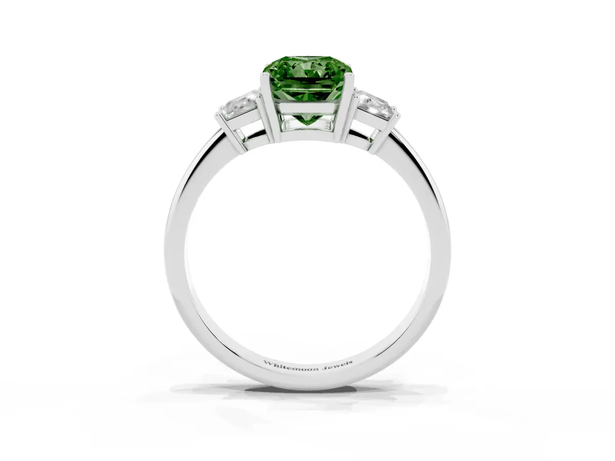 Fancy Green Radiant Cut Diamond Three-Stone Ring with Trapezoid Side Stones and Prong Setting Silver