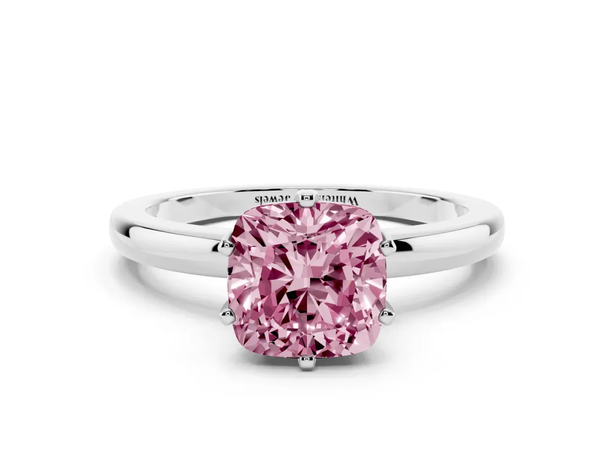 Fancy Pink Cushion Cut Solitaire Diamond Ring with Six-Prong Setting on a Classic Band Silver
