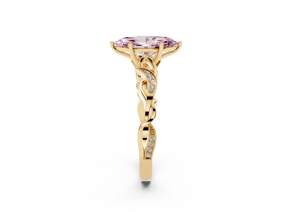 Fancy Pink Marquise Cut Solitaire Vine Band with Milgrain Prong Setting Yellow gold